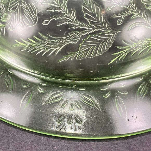 Vtg US Glass Rose Thorn Green Depression Vaseline Uranium Bowl 3 Toe Footed 30s - Picture 8 of 16